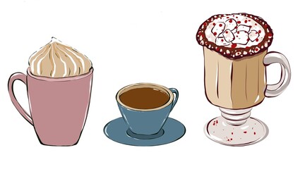 Set of coffee cups with coffee and sweet foam. Hand drawing illustration isolated on white background.