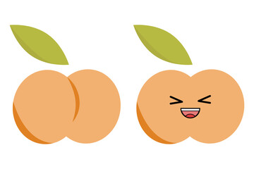 Peach with kawaii eyes. Peach icon. Flat design vector illustration of peach on white background.