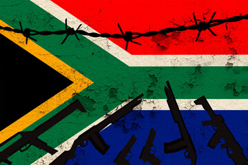 national flag of South Africa on textured background, rows of barbed wire, concept of war, revolution, armed uprising in country, increase in crime in state, terrorist attack, redistribution of power