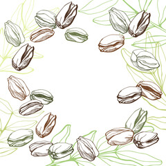 Pistachios and leaves. Round frame. Hand drawn vector illustration.