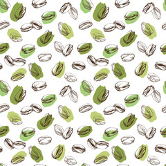 Vector seamless pattern with pistachios. Vegan food illustration.