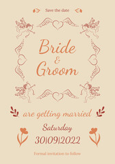 Wedding invitation template in retro style. Vintage frame of angels and hearts with wings. Vector illustration.