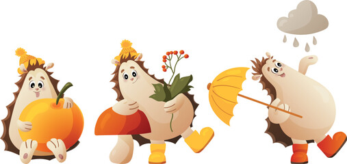 Set of vector cute autumn hedgehogs © VeronikaGrineva