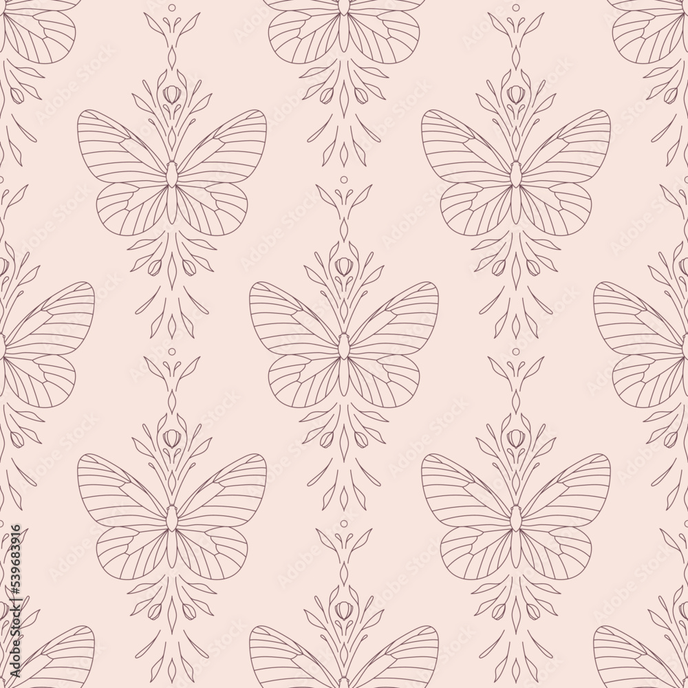 Poster Elegant line art butterfly vector pattern, seamless repeat