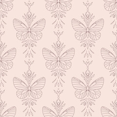 Fototapeta na wymiar Elegant line art butterfly vector pattern, seamless repeat