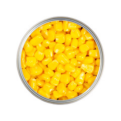 Sweet corn kernels, in an opened can. Cooked canned yellow vegetable maize, Zea mays, also called...