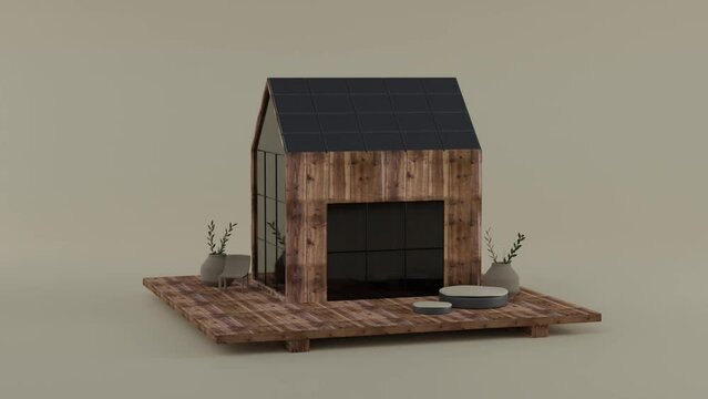 3d render of wooden who house. Modular cabin with terrace and solar panels. Rotating animation 