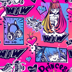 Anime girl seamless pattern with street art style words Wow, headphones with cat ears, rollers skates, diamond, heart and crown, comic boards with manga teenagers. Asian girlish comics repeat print.