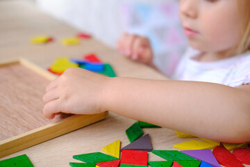 child, toddler, girl plays with colored wooden geometric figures, cubes, builds houses and animals, counts details, concept of development of creativity, fine motor skills, patience perseverance