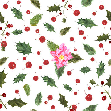 Watercolor Merry Christmas seamless pattern. Winter floral design.  Poinsettia, branches and red holly berries, isolated on white. Hand drawn illustration. For packaging, wrapping, design or print.