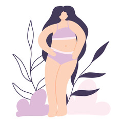 Woman body positive. Poster with girl and leaves. Vector illustration. Flat style.
