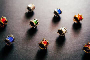 Christmas black background. Little drums. Top view.