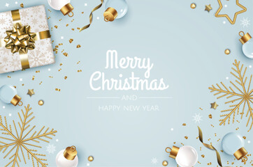 Fototapeta na wymiar Merry Christmas and Happy New Year. Xmas Festive background with realistic 3d objects, gift box, blue and white balls.