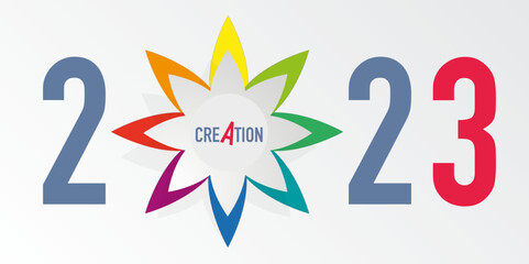 Carte de vœux 2023 au graphisme élégant sur un fond blanc, avec une fleur stylisée et colorée, qui s’ouvre pour exprimer la création.