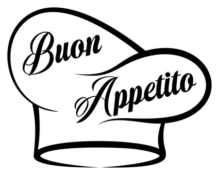 Guten Appetit in italienischer Sprache. Vektor Schriftzug in schwarz.
Mit Kochmütze. Italienischer Wunsch für ein gutes Essen. Weißer isolierter Hintergrund.