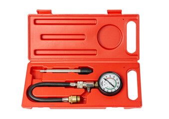Engine compression tester isolated on white background. Set for testing the internal combustion engine. Monometer close-up.