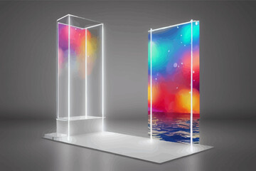 3d podium display on water with glowing gate white.