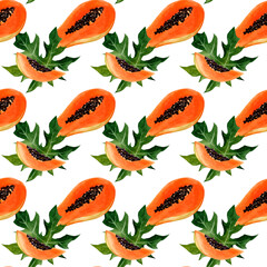 Watercolor seamless pattern of papaya leaves and fruits. tropical pattern for fabric and paper