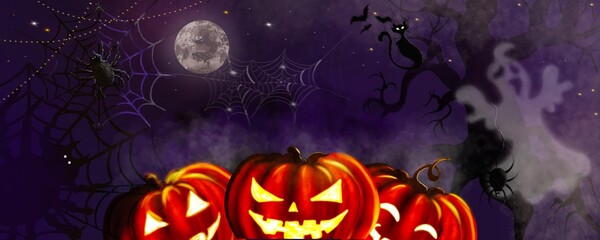 Halloween background, pumpkins are scaring on the dark night near the ghost and black cat and spiders 