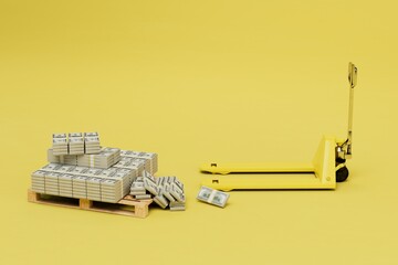 big money. a wooden pallet with cash dollars and a hydraulic loader on a yellow background. 3D render © Igor