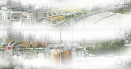 Composite of white blocks pattern over aerial view of city, copy space