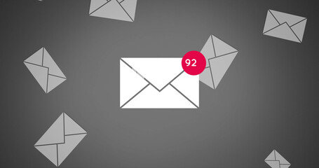 Illustration of 92 number in pink circle over falling white envelopes against gray background