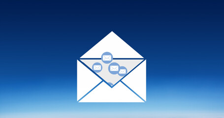 Illustration of message icons over open envelope against blue background, copy space