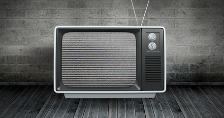 Composite of antique television with glitch on screen over table against brick wall