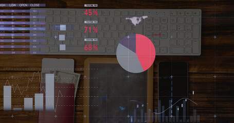 Image of financial data processing with statistics over desk computer keyboard and smartphone