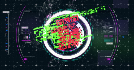 Qr code scanner over network of connections against digital interface on black background