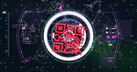 Qr code scanner over network of connections against digital interface on black background