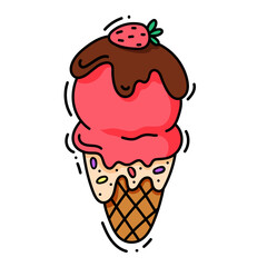 Pink ice cream in the waffle cone. Vector flat outline icon. Cartoon style illustration for sticker and t shirt design. flat logo design