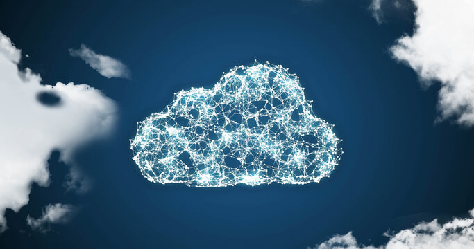 Composite of connected dots forming digital clouds over blue sky, copy space