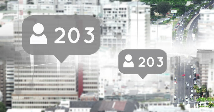 Composite of profile icons and 203 numbers in speech bubble over aerial view of cityscape - Powered by Adobe