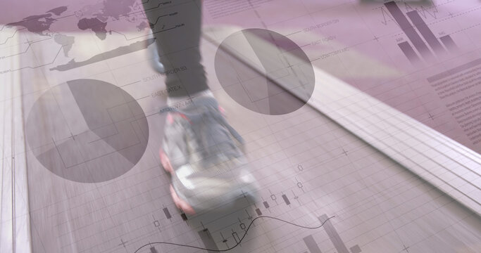 Composite of infographic interface over low section of woman running on treadmill, copy space