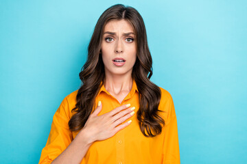 Photo of terrified impressed lady arm touch chest cant believe horrible news isolated on blue color...