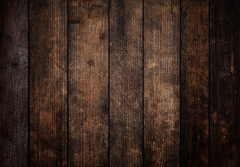 Dark grunge old wood planks background, vignette wooden texture