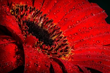 Closeup macro photography of a red Transvaal daisy flower plant with water drops on it