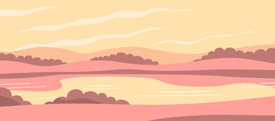 Peaceful summer nature landscape. Panorama with forest, cypress, fields, sky and lake. Calm morning. Rural scener. Flat vector illustration