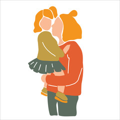 Mother holding and hugging little daughter. Togetherness and parenting concept. Hand drawn vector illustration in abstract minimal style