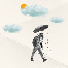 Sad man walking under umbrella on abstract background with drawings. Bright contemporary collage....