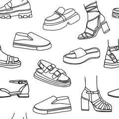 Modern feminine footwear line art seamless pattern. Sketch background with shoes and sandals for spring and summer. Hand drawn vector illustration