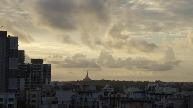 Mumbai City Skyline With Global Vipassana Pagoda Background In Distance. Wide Shot