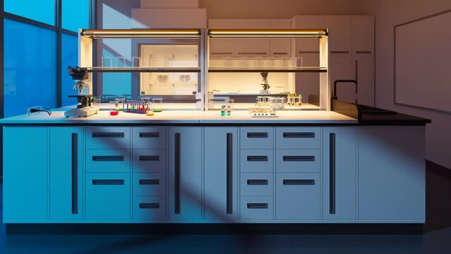 White, fully equipped empty laboratory interior. Evening in clean science room.