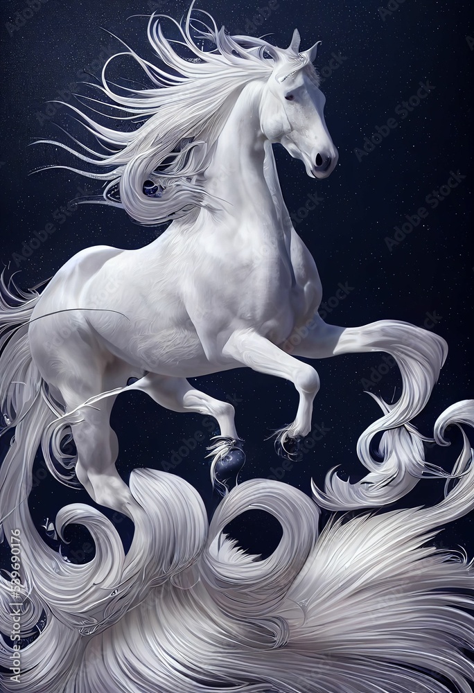 Poster vertical hyper-realistic illustration of a graceful fantasy white horse