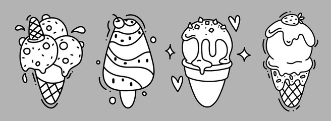 Sweets doodle coloring book page. Antistress for adults. Outline black and white illustration