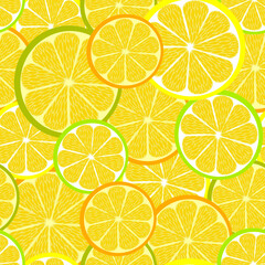 Seamless floral pattern, hand drawn, vector. Citrus slices, summer yellow background.