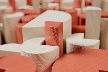 Wooden round red and white shapes close up 3d render.