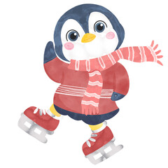 cute penguin wearing sweater play ice skate