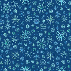 Seamless winter pattern. Blue watercolor snowflakes on a blue background. Hand drawn illustration.